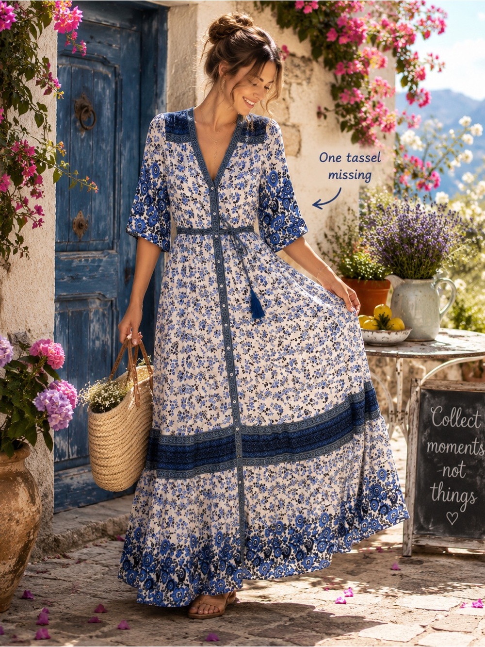 FP To Love Blue Floral Boho Maxi Dress Small Cotton Tassel Tie 3/4 Sleeve